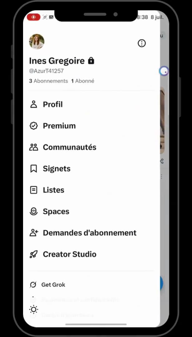 Menu du profil X avec le cadenas indiquant un compte privé
