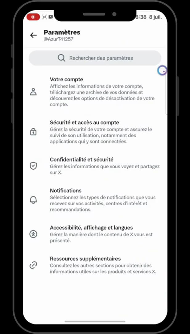 Liste des paramètres X avec l'option Confidentialité et sécurité