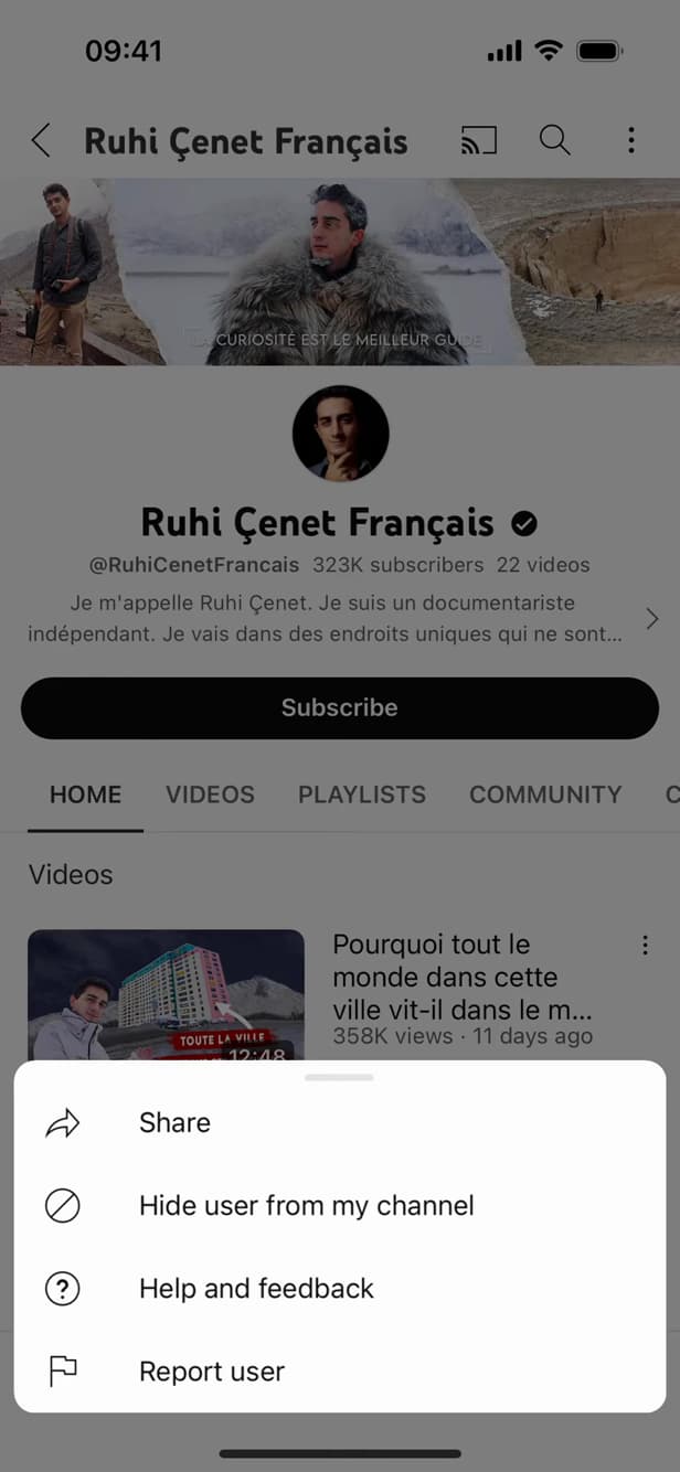 Option Masquer l'utilisateur de ma chaîne sur YouTube