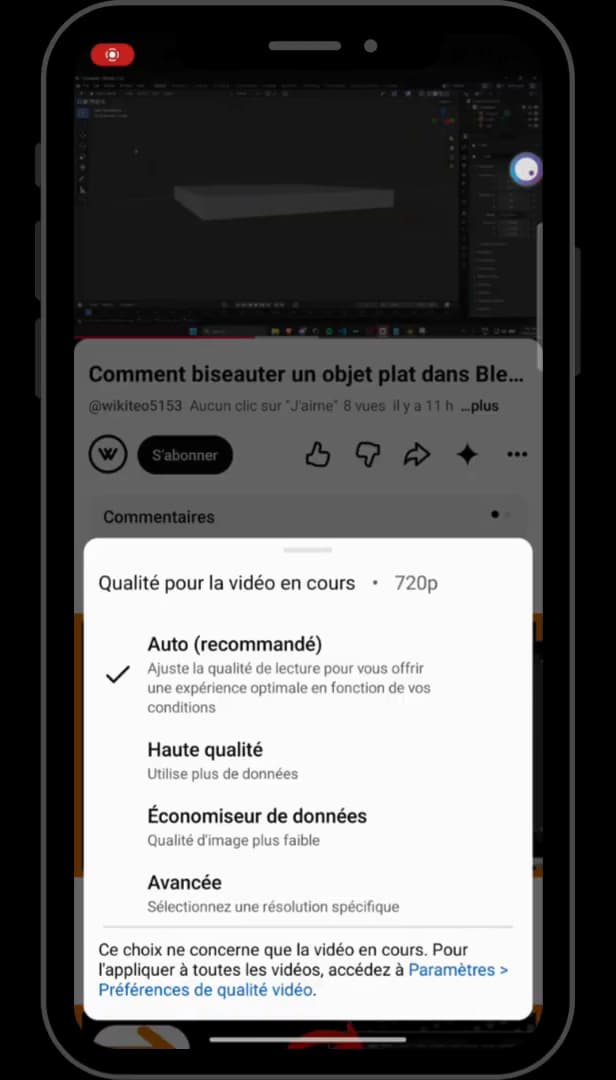 Menu Qualité d'une vidéo YouTube