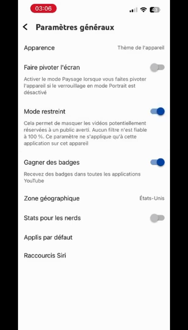 Interrupteur Mode restreint sur YouTube