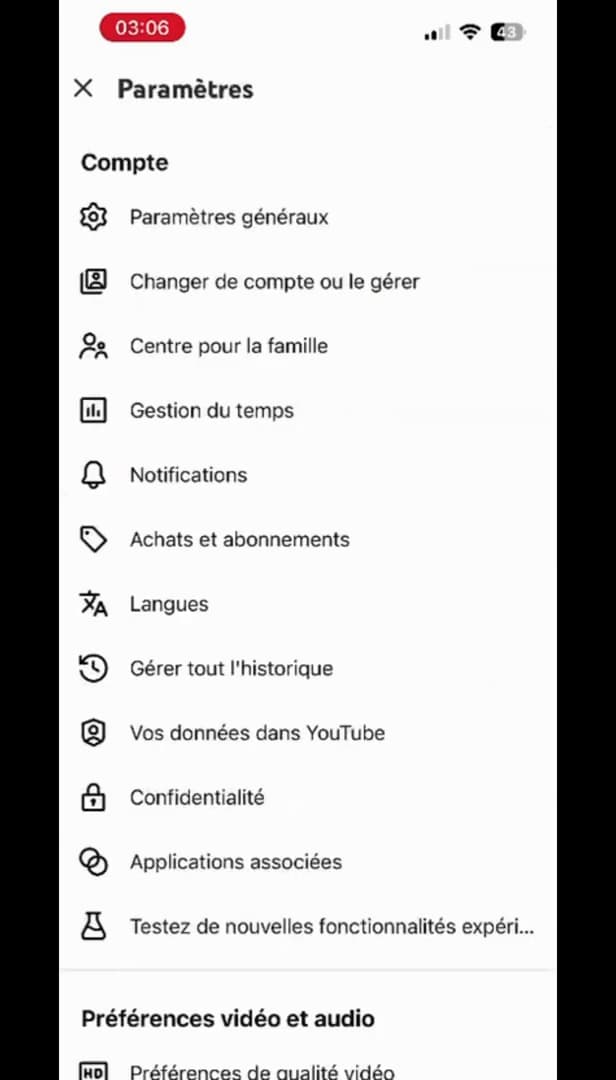 Menu Paramètres de l'application YouTube