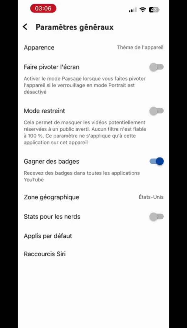Paramètres généraux de YouTube avec le Mode restreint