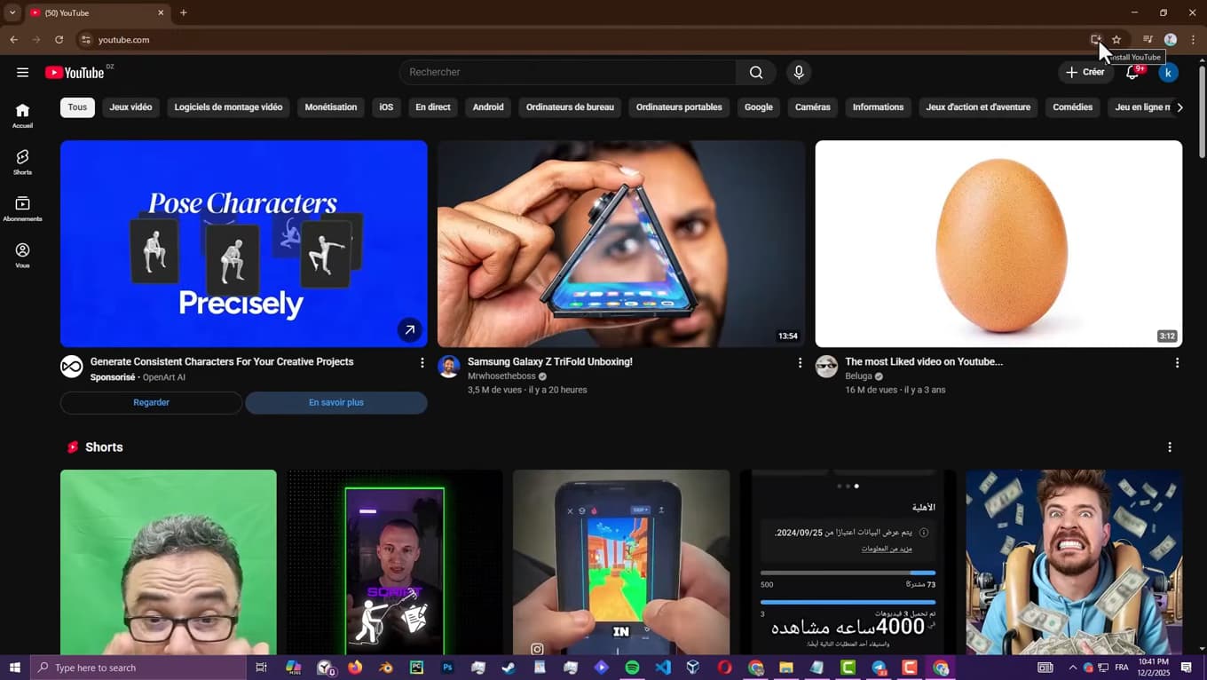 YouTube app install icon in the Chrome address bar