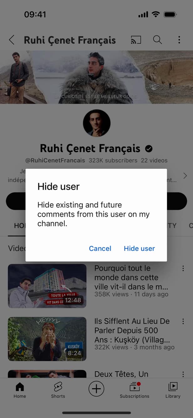 Confirmation of hiding a YouTube channel