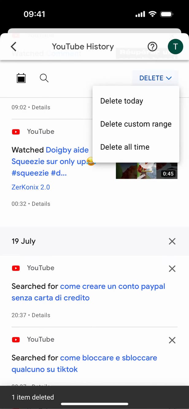 Options de suppression de l'historique YouTube