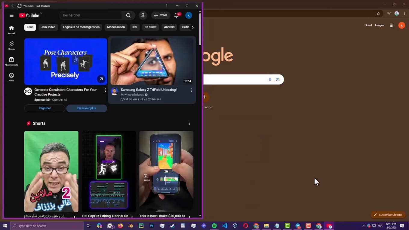 Application YouTube ouverte dans sa propre fenêtre sur PC